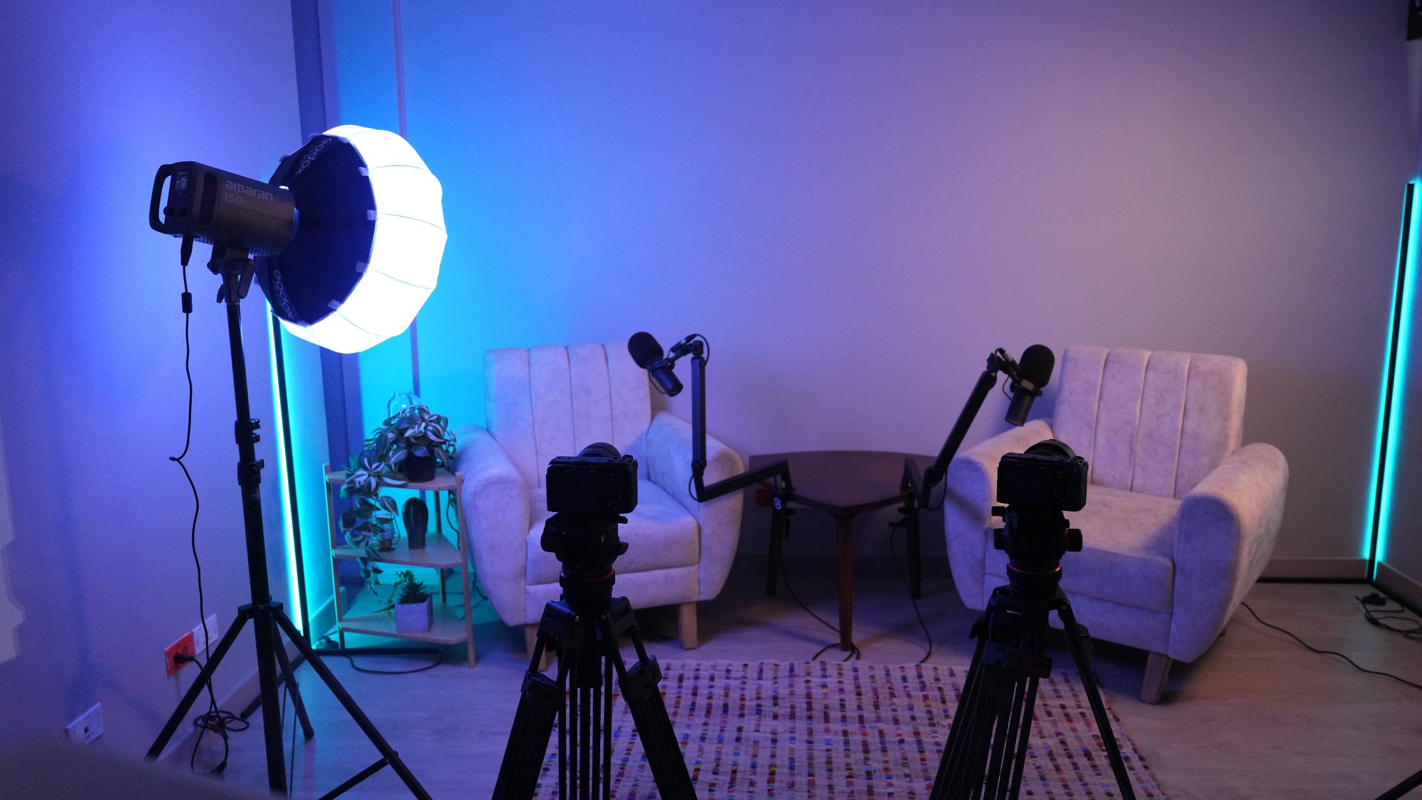 Behind the scenes of the studio floor with lights and cameras