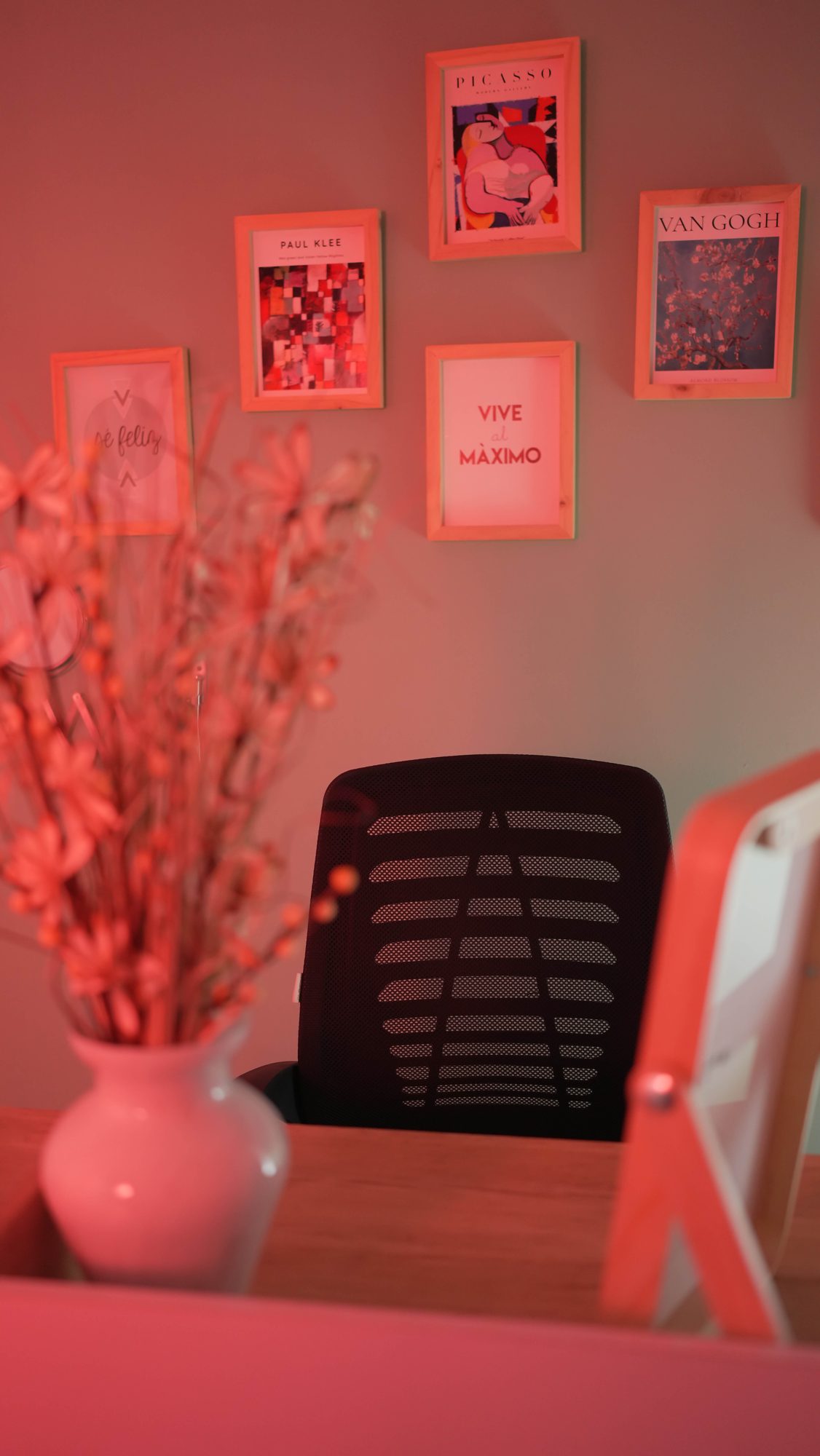 Alternate angle of pink creator desk setup