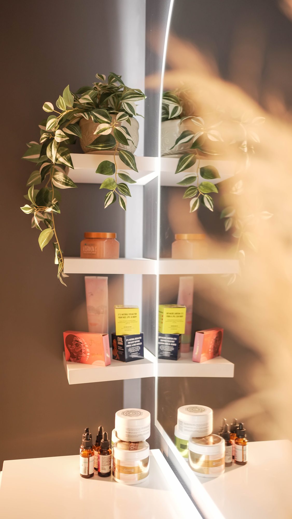 Styled product display shelf with plants